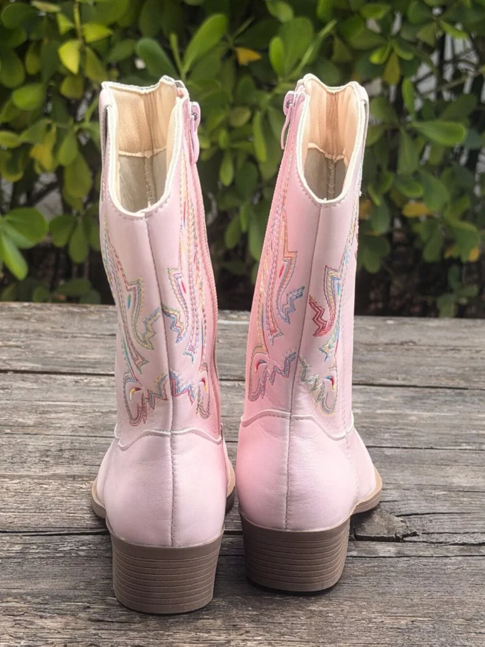 Kids Western Cowgirl Boots Girls Cowboy Boots Round Toe Pink Rainbow Stitch sz 1